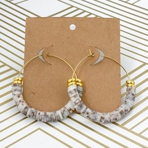 Gold earrings light brown white clay beaded hoops